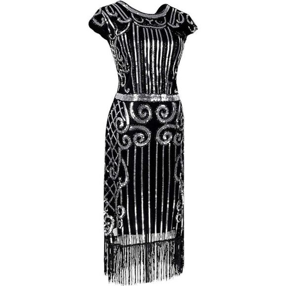 ✨ Flapper Great Gatsby Roaring 1920s Retro Tassel Fringe Sequin Dress NEW - Picture 2 of 16